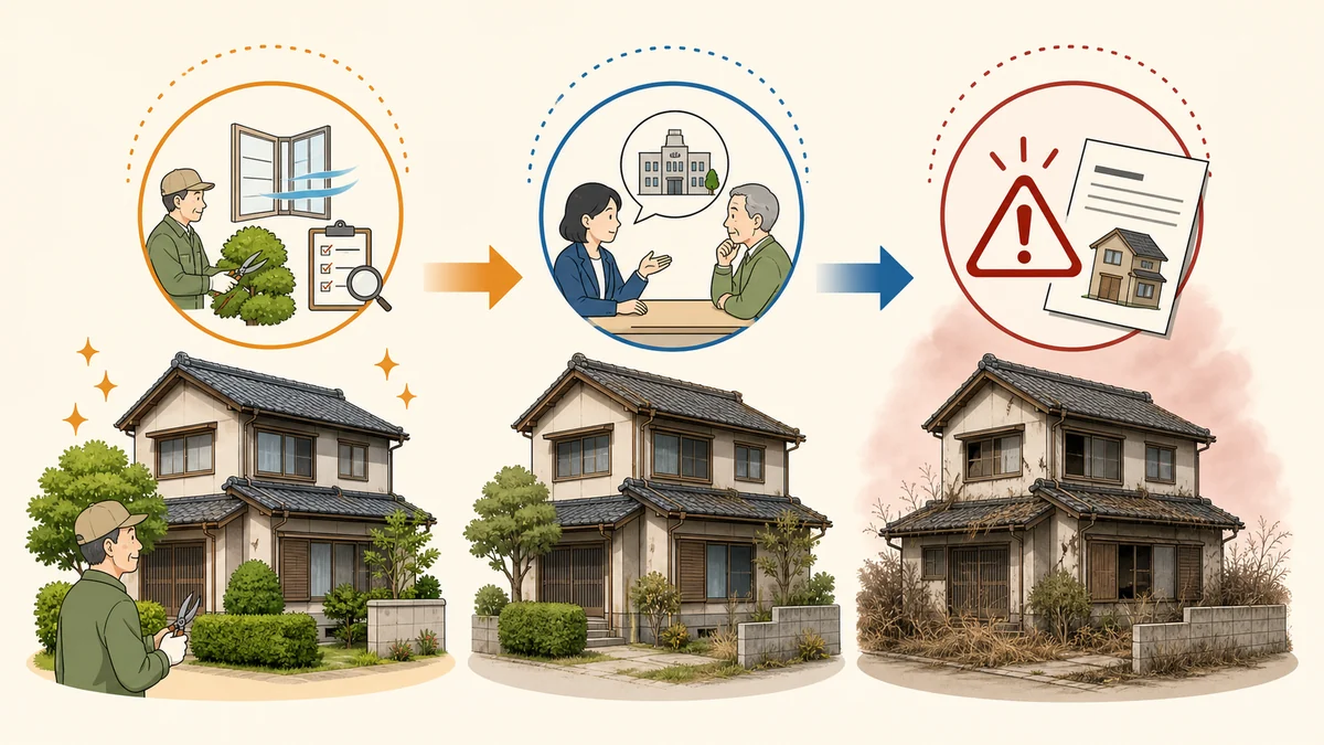 空き家の通常管理から市区町村の指導、勧告へ進む違いを示した図