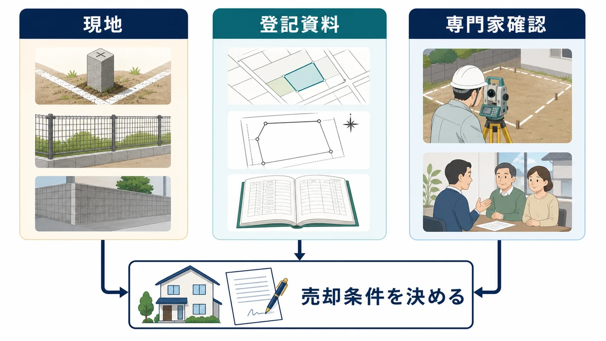 境界未確定の空き家について資料・現地・筆界特定・売却相談を分ける図